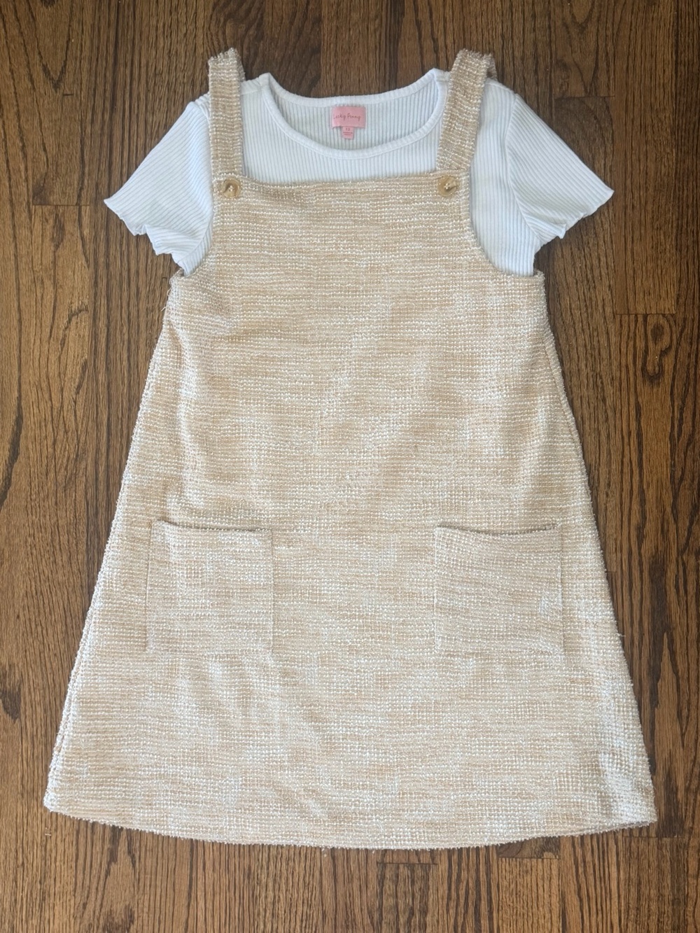 Lucky Penny Girls Tan Tweed Jumper Dress & White Tee Set - Size 12
